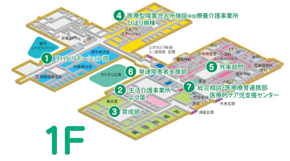 1階のフロア図：北西にリハビリテーション部、北東にひばり病棟、中央に発達障害者支援部、南側に外来、総合相談・医療連携部、生活介護事業所、育成部があります。